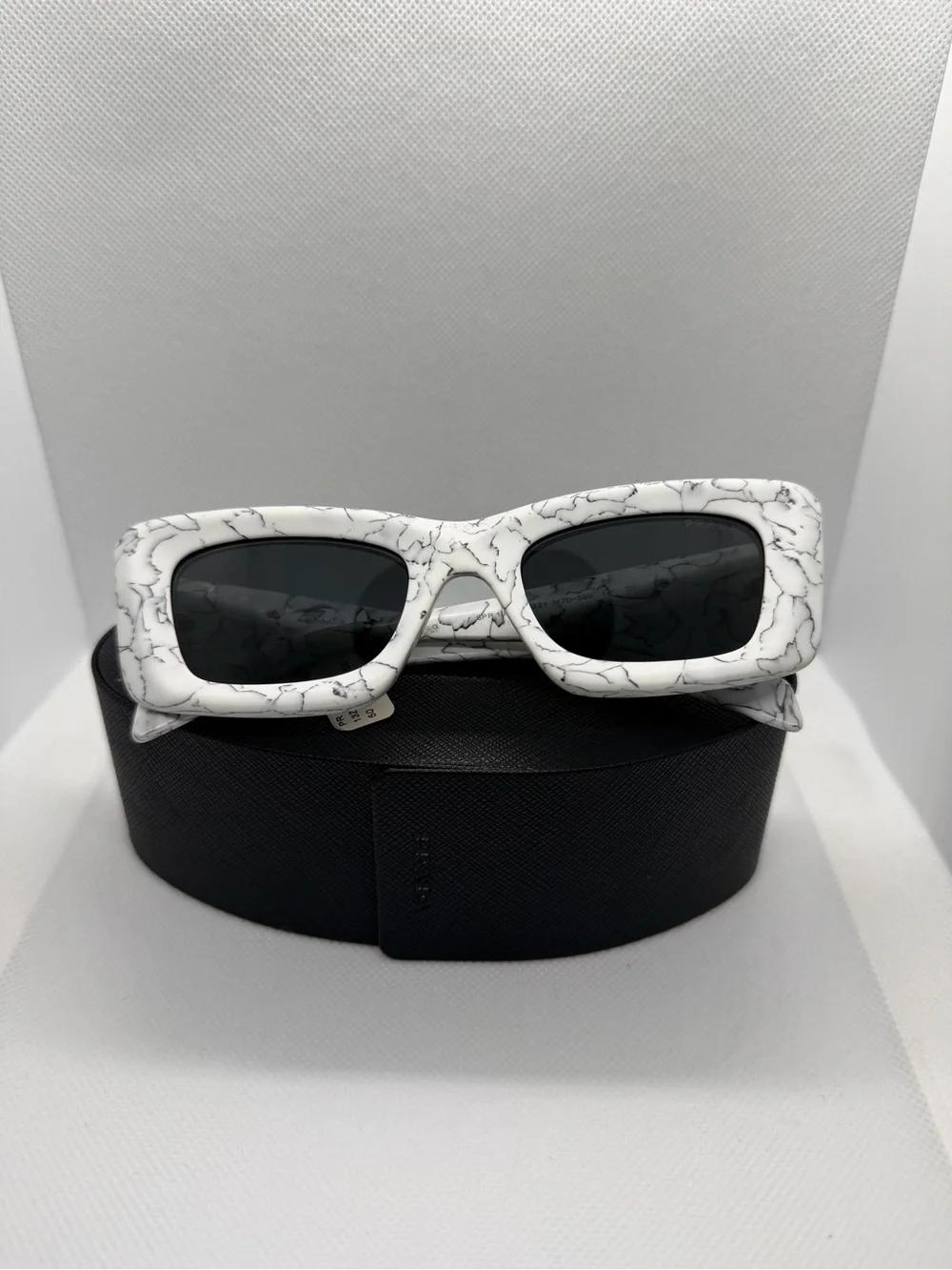 Prada White Marble Rectangular Sunglasses with Dark Lenses